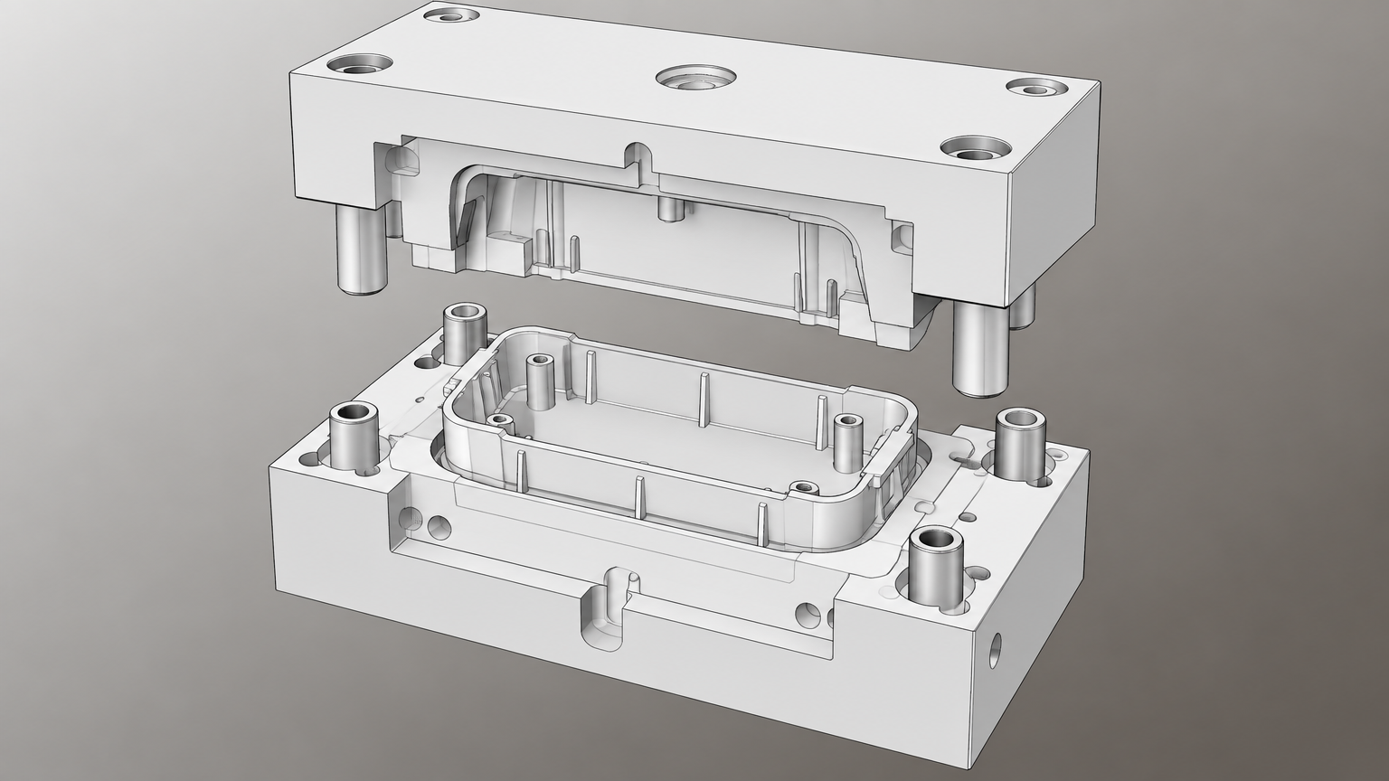 Render CAD 3D de molde de injeção com peça plástica