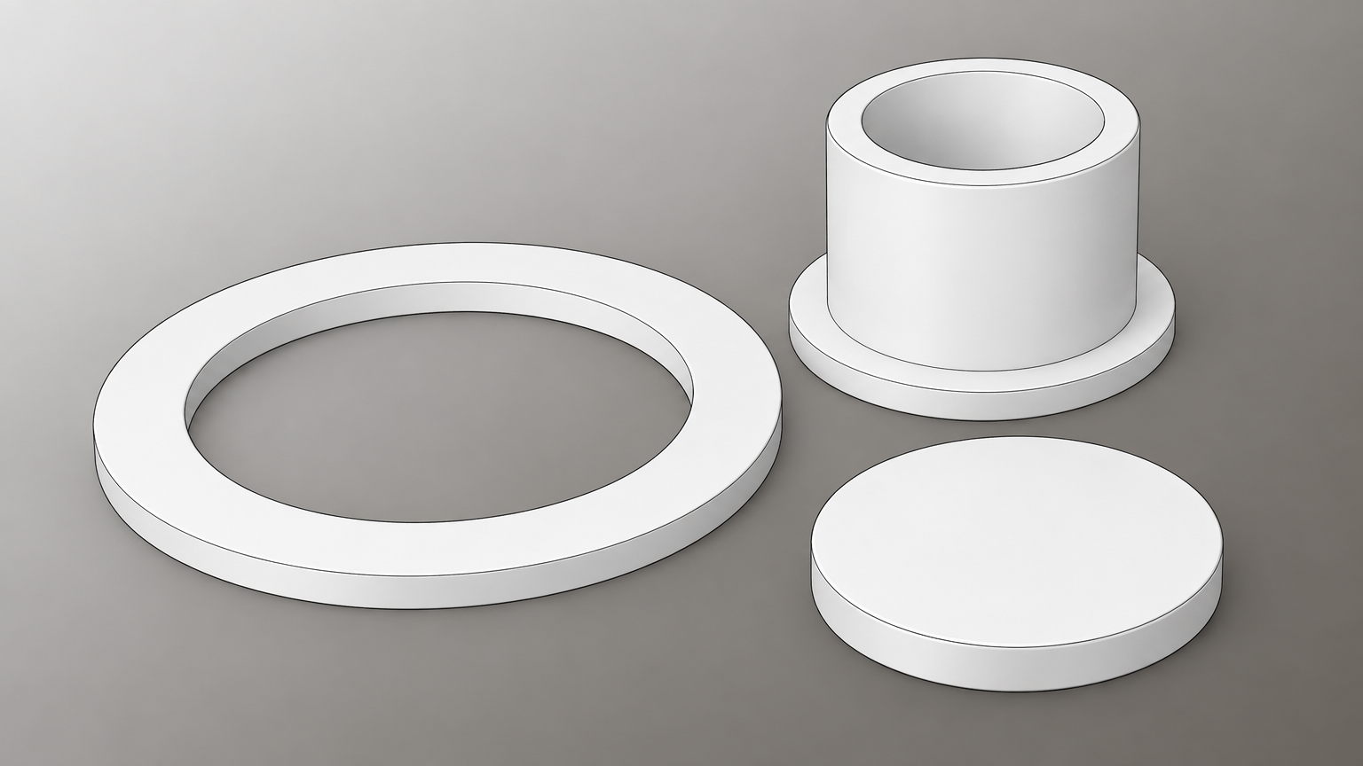 Render CAD 3D de peças técnicas em PTFE (Teflon)